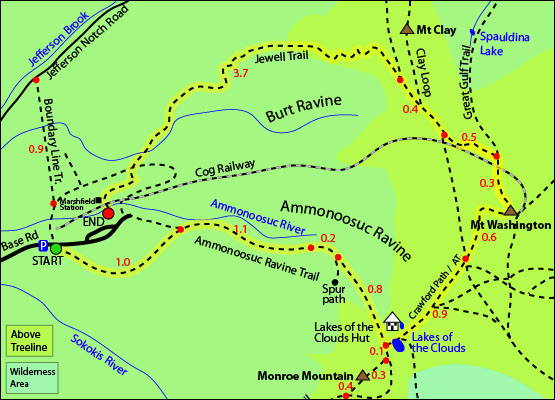 Mount Washington map, ammonoosuc ravine trail, mt washington, cog railway, jewell trail, 